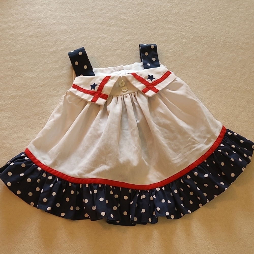 Vintage Navy and White Polka Dot Dress with Red Accents Size 24 Months